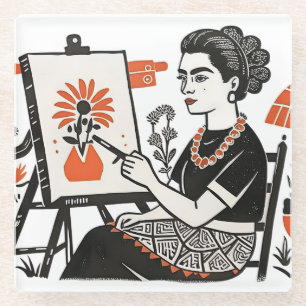 Frida Kahlo sitting painting floral design style Glass Coaster