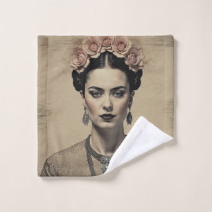Frida Kahlo's Charm: Vintage Double Exposure Wash Cloth