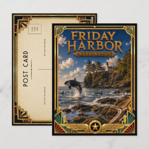 Friday Harbour Washington Vintage Art Deco Golden Postcard