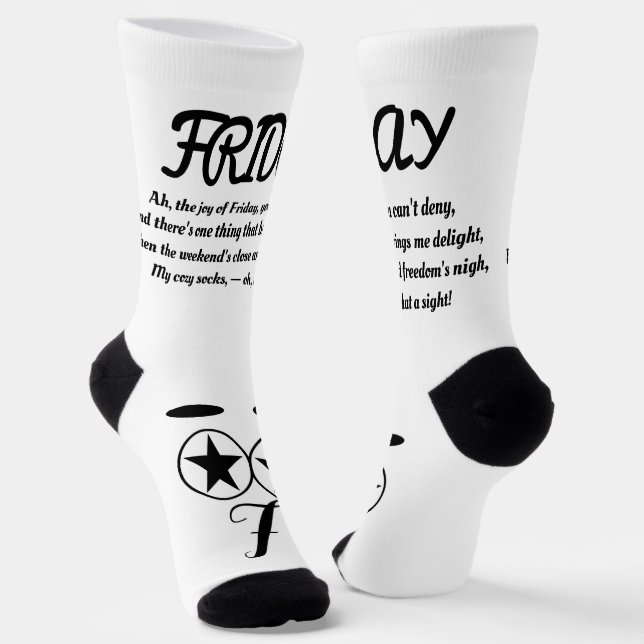 Friday Poem Socks - Trendy, Funny, White&Black (Angled)
