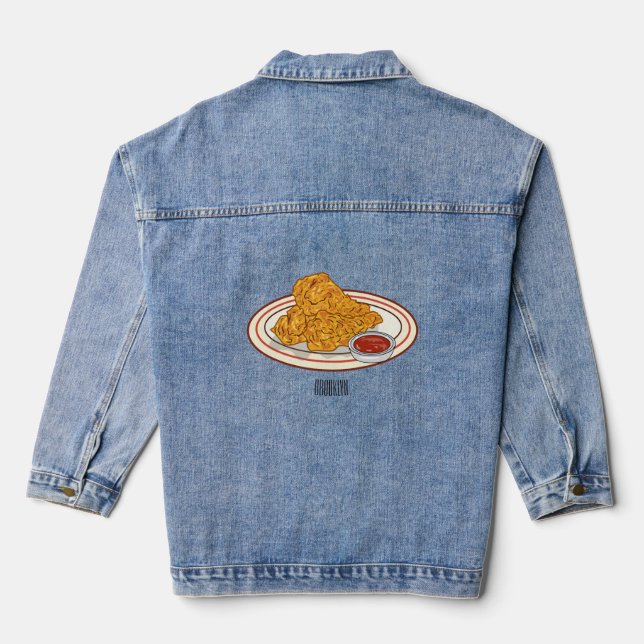 Fried chicken cartoon illustration denim jacket (Back)