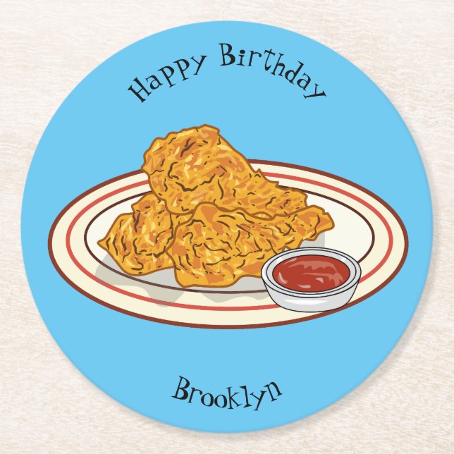 Fried chicken cartoon illustration round paper coaster (Front)