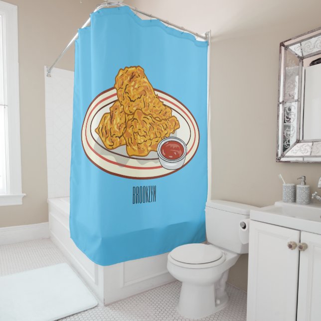 Fried chicken cartoon illustration shower curtain (In Situ)