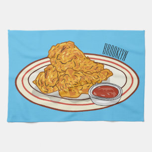 Fried chicken cartoon illustration tea towel