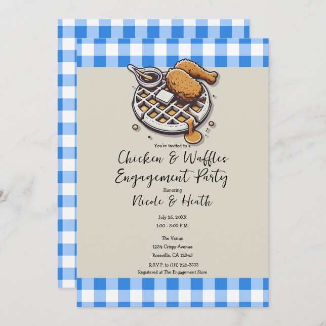 Fried Chicken & Waffles Blue Engagement Party Invitation (Front/Back)