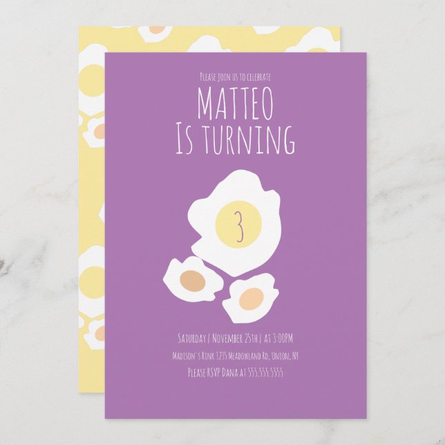 Fried Egg Turning Three Birthday Invitation (Front/Back)