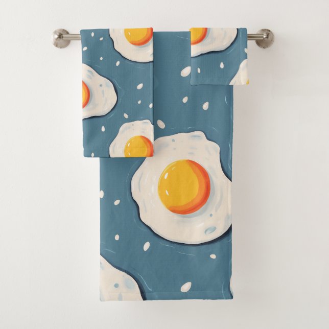 Fried Eggs on Blue Bath Towel Set (Insitu)