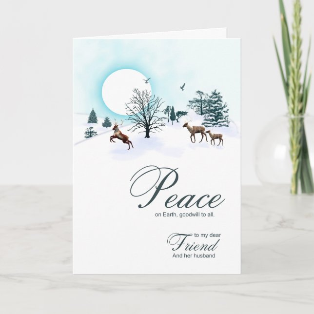 Friend and husband, Christmas scene with reindeer Holiday Card (Front)