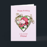 Friend Birthday Antique Painted Roses Card<br><div class="desc">A romantic birthday card. A painting of roses is framed by an embellished golden heart. Give your friend a birthday greeting with a beautiful painting of a bouquet of roses.</div>