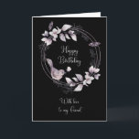 Friend Birthday Bird and Butterflies Card<br><div class="desc">Happy Birthday card for a female friend features a beautiful round light lavender,  floral frame with a bird resting on the double circle and butterflies that stand out on a black background.</div>