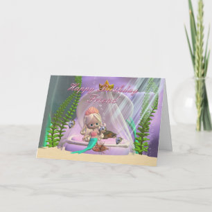 Friend Birthday card with little mermaid and fish