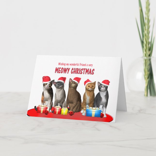 Friend, Cats in Christmas hats Holiday Card (Front)