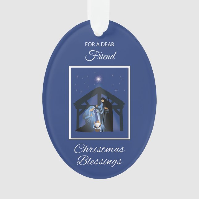 Friend Christmas Blessings Manger on Blue Ornament (Front)