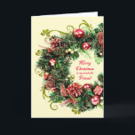 Friend Christmas Wreath Holiday Card<br><div class="desc">An elegant Christmas card showing a christmas wreath with ornaments,  presents,  and pine cones. A beautiful way to send Christmas good wishes to your friend.</div>