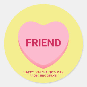 Friend conversation heart pink yellow Valentine's Classic Round Sticker