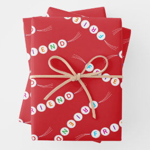 Friend fun cute friendship bracelet pattern red wrapping paper sheet