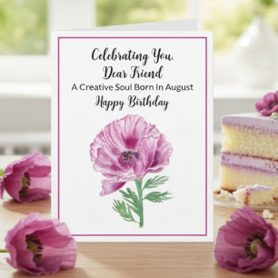 Friend Happy August Birthday Purple Poppy Card