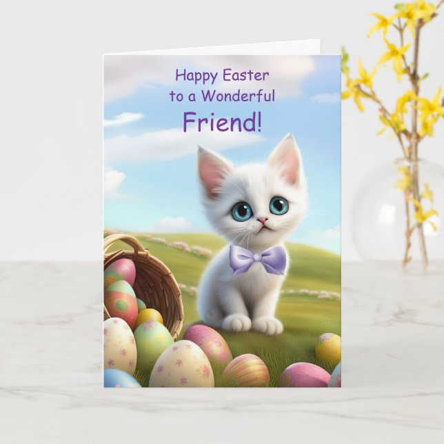 Friend Happy Easter Super Cute White Kitten Card (Yellow Flower)