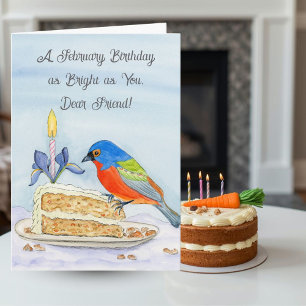 Friend Happy February Birthday Painted Bunting Card