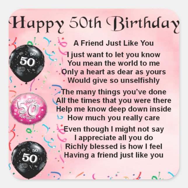 Friend Poem - 50th Birthday Square Sticker (Front)