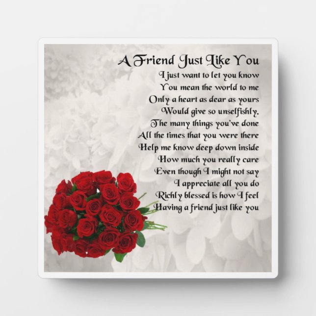 Friend Poem Plaque  -  Red Roses  Design (Front)