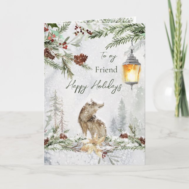 Friend Winter Woodland Scene Wolf Flat Card (Front)