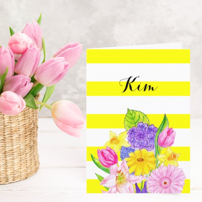 Friend Yellow Stripe and Floral Birthday Card (Creator Uploaded)