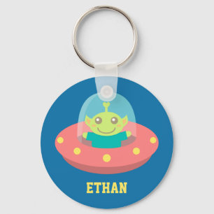 Friendly Alien in Spaceship, Outer Space Key Ring
