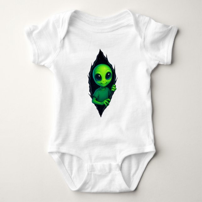 Friendly Alien Peeking Through Space Tear Baby Bodysuit (Front)