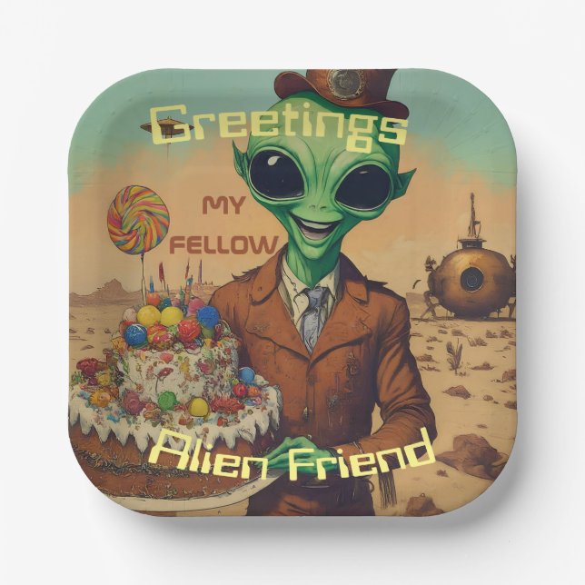 Friendly Alien with birthday cake  Paper Plate (Front)