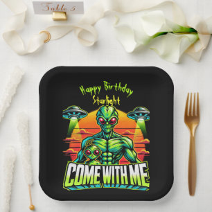 Friendly Aliens Explore Cosmic Adventures Paper Plate
