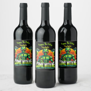 Friendly Aliens Explore Cosmic Adventures Wine Label
