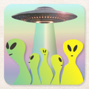 Friendly Aliens & UFO yellow & green Square Paper Coaster