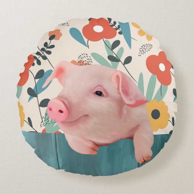 Friendly Baby Pig | Cute Baby Animal Round Cushion (Front)