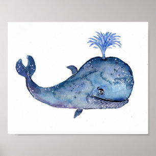 Friendly Blue Whale Watercolor Poster
