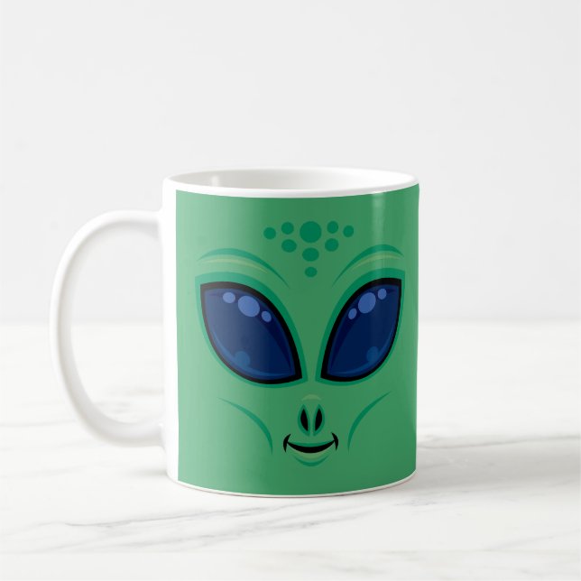 Friendly Cartoon Alien Face Coffee Mug (Left)