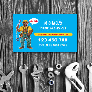 Friendly Cartoon Plumber Handyman Water Repairs Business Card