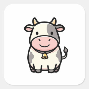 Friendly Cow – Cute Kawaii Animal Illustration Square Sticker