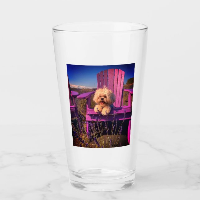 Friendly Cute Shih Tzu Puppy Smiles, Purple Chair Glass (Front)