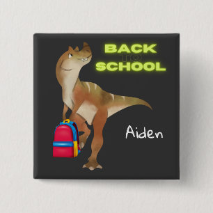 Friendly Dinosaur with Backpack "Back to School" 15 Cm Square Badge