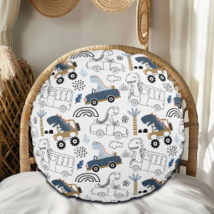 Friendly Dinosaurs in Cars Pattern Round Cushion