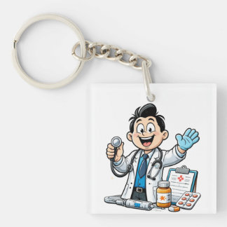 Friendly Doctor Mascot Medical Cartoon Design Key Ring