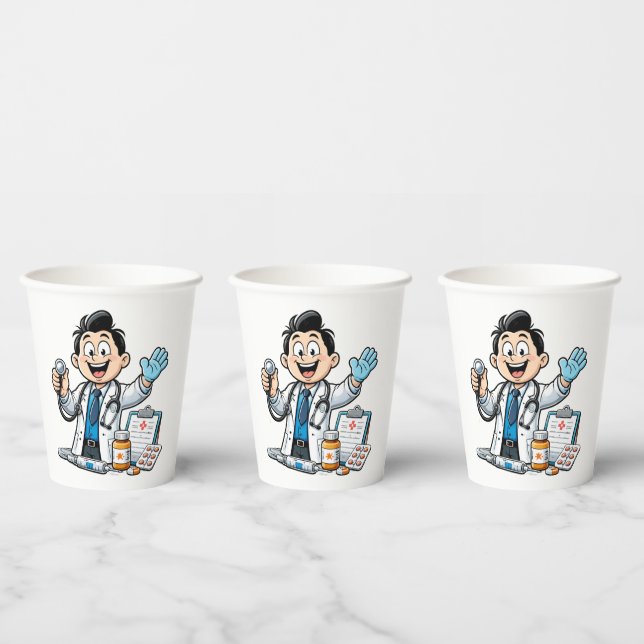 Friendly Doctor Mascot Medical Cartoon Design Paper Cups (Multi)