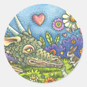 FRIENDLY EASTER DRAGON ON BUNNY TRAIL Cute Fantasy Classic Round Sticker