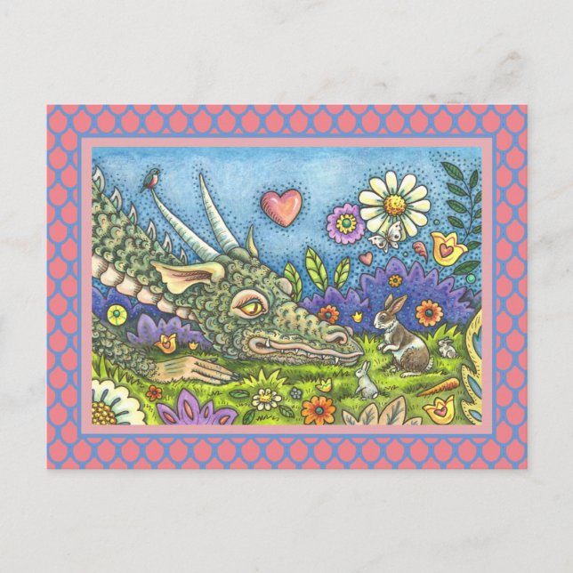 FRIENDLY EASTER DRAGON ON BUNNY TRAIL Cute Fantasy Holiday Postcard (Front)