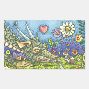 FRIENDLY EASTER DRAGON ON BUNNY TRAIL Cute Fantasy Rectangular Sticker