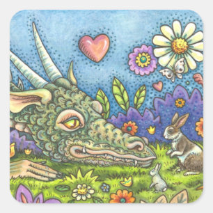 FRIENDLY EASTER DRAGON ON BUNNY TRAIL Cute Fantasy Square Sticker