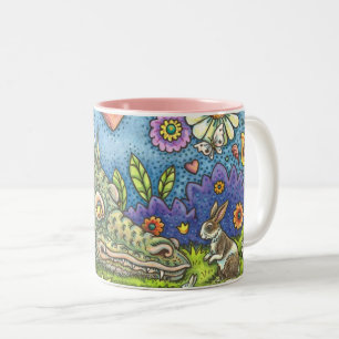 FRIENDLY EASTER DRAGON ON BUNNY TRAIL Cute Fantasy Two-Tone Coffee Mug
