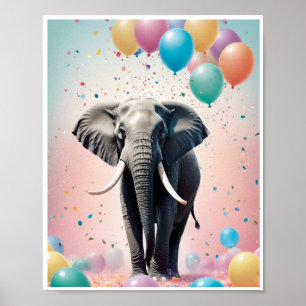 Friendly elephant colourful balloons confetti Art Poster
