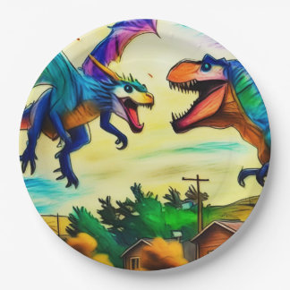 Friendly Encounter - Dragon and Dinosaur Paper Plate